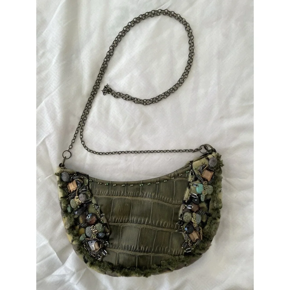 MARY FRANCES Green Leather Croc Highly Embellished Faux Fur Hobo Shoulder Bag